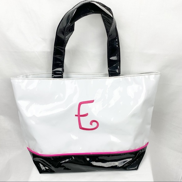 Retro 1960’s Style Vinyl Tote Bag Black White Pink Polka Dot Lining Monogram - Picture 7 of 8